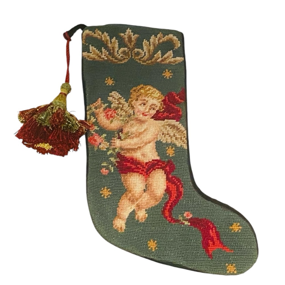 Vintage Needlepoint Christmas Stocking with Tassel